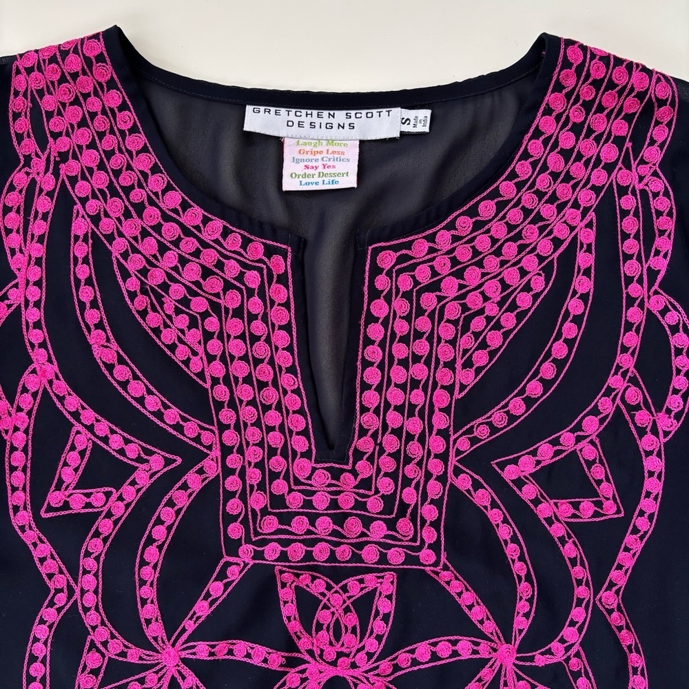 Gretchen Scott Women's Navy Blue Pink Relaxed Fit Long sleeve Sheer Tunic SMALL - Picture 3 of 7